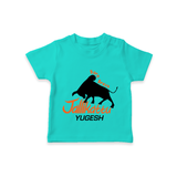 "Born Brave - Jallikattu Themed Customized T-Shirt for Babies with Name" - TEAL - 0-5 Months Old (Chest 17")