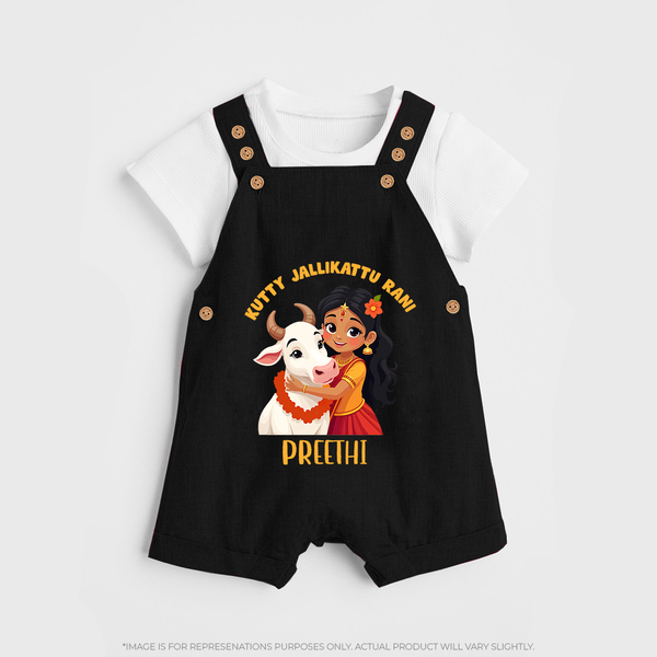 "Kutty Jallikattu Rani - Jallikattu Themed Customized Dungaree Set for Kids with Name" - BLACK - 0 - 5 Months Old (Chest 18")