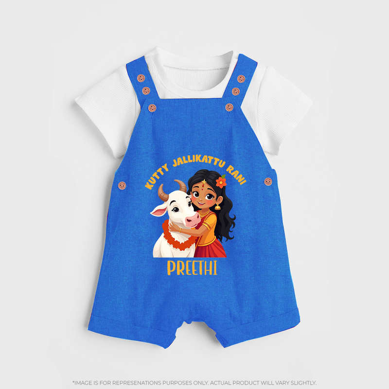 "Kutty Jallikattu Rani - Jallikattu Themed Customized Dungaree Set for Kids with Name" - COBALT BLUE - 0 - 5 Months Old (Chest 18")