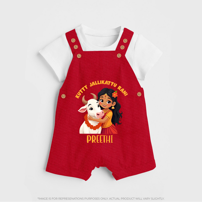 "Kutty Jallikattu Rani - Jallikattu Themed Customized Dungaree Set for Kids with Name" - RED - 0 - 5 Months Old (Chest 18")