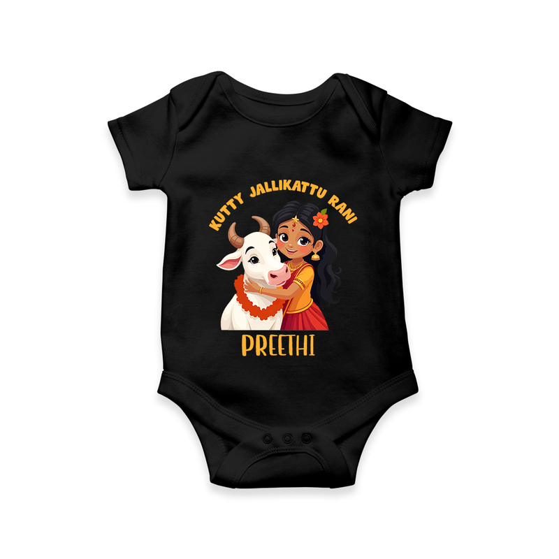 "Kutty Jallikattu Rani - Jallikattu Themed Customized Romper for Babies with Name" - BLACK - 0 - 3 Months Old (Chest 16")