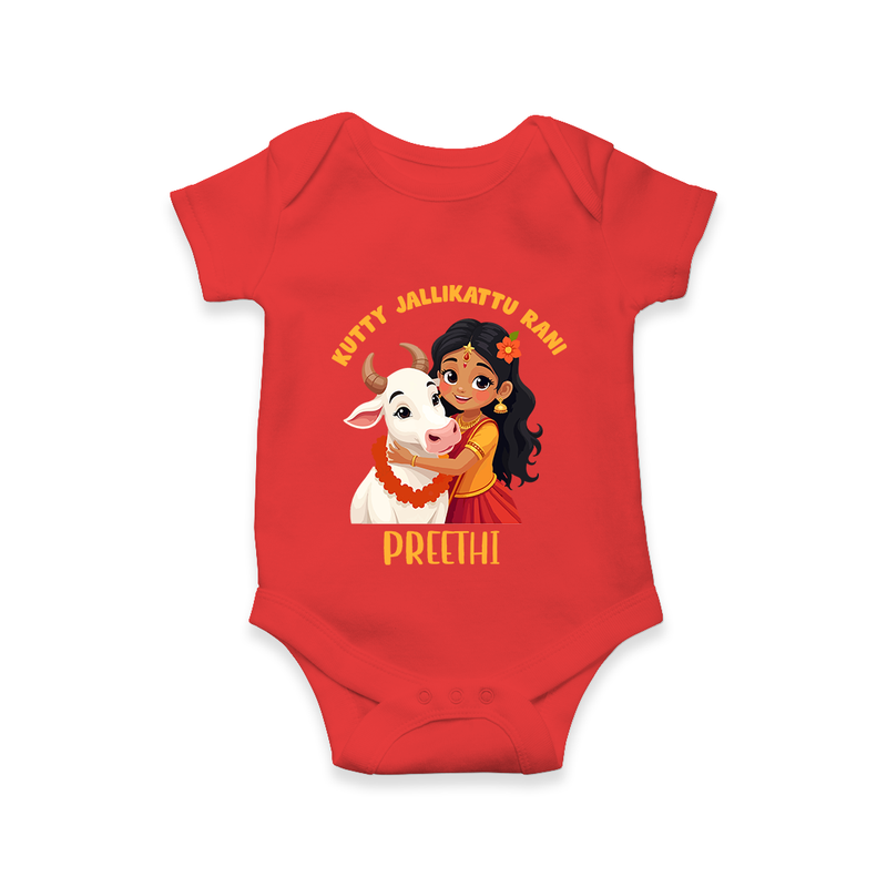 "Kutty Jallikattu Rani - Jallikattu Themed Customized Romper for Babies with Name" - RED - 0 - 3 Months Old (Chest 16")