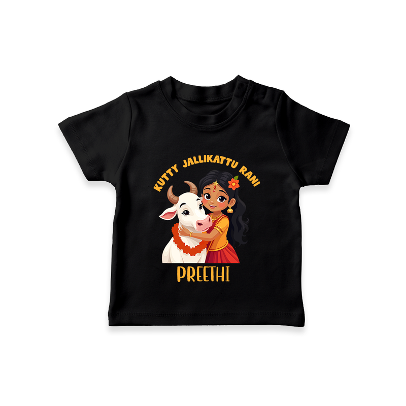 "Kutty Jallikattu Rani - Jallikattu Themed Customized T-Shirt for Babies with Name" - BLACK - 0-5 Months Old (Chest 17")