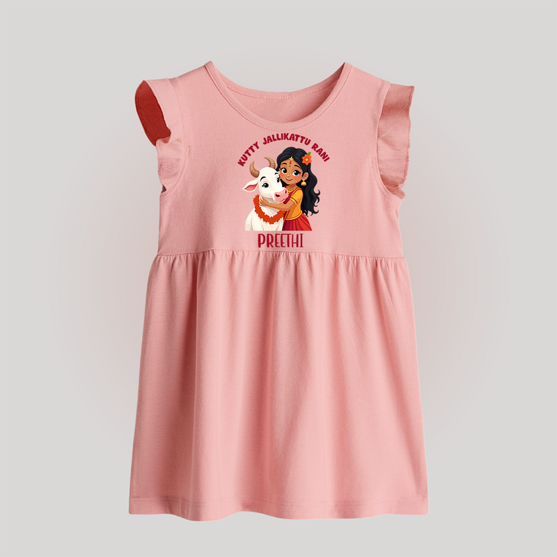 "Kutty Jallikattu Rani - Jallikattu Themed Customized Baby Frock for Babies with Name" - BABY PINK - 0 - 3 Months Old (Chest 17")