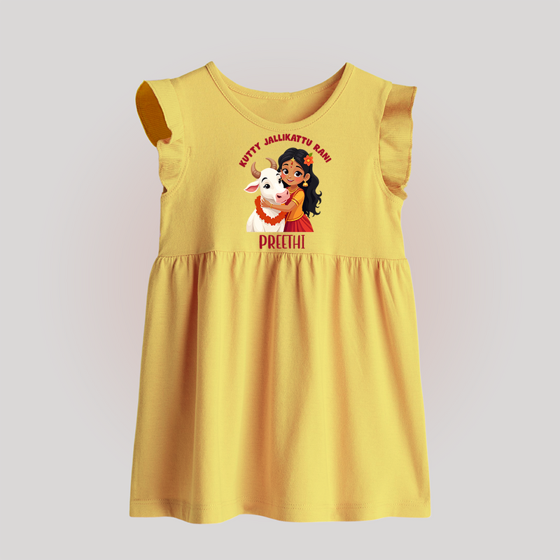 "Kutty Jallikattu Rani - Jallikattu Themed Customized Baby Frock for Babies with Name" - YELLOW - 0 - 3 Months Old (Chest 17")