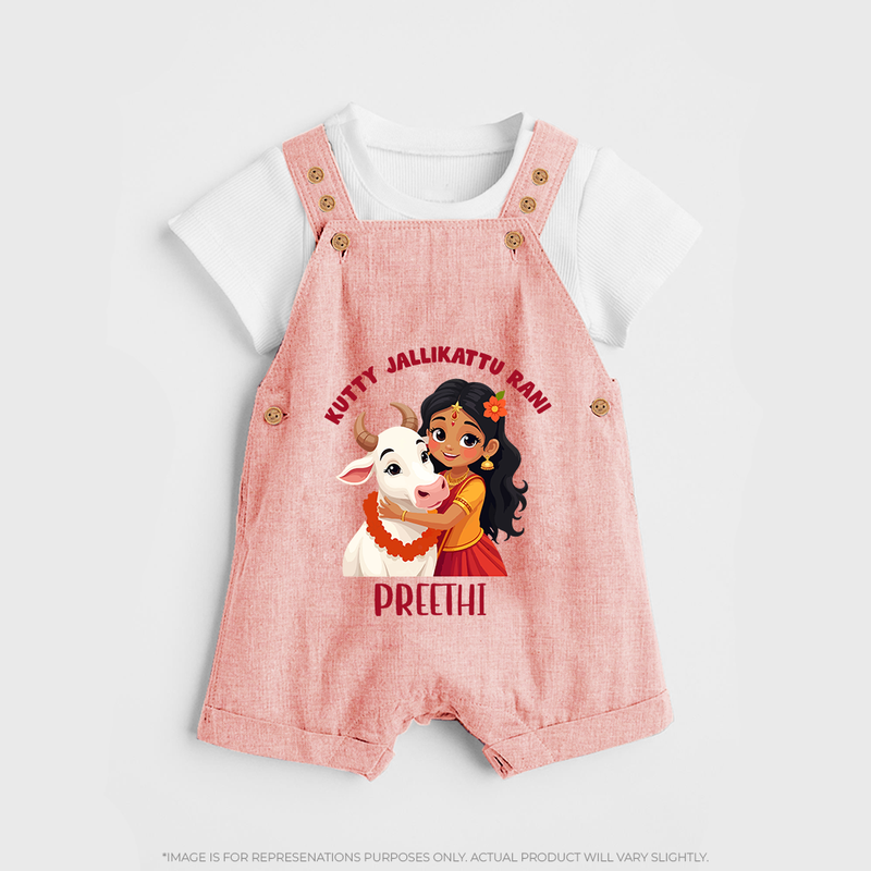 "Kutty Jallikattu Rani - Jallikattu Themed Customized Dungaree Set for Kids with Name" - PEACH - 0 - 5 Months Old (Chest 18")