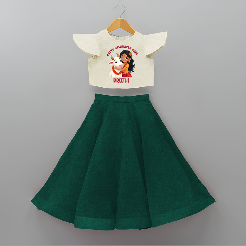 "Kutty Jallikattu Rani - Jallikattu Themed Customized Crop Top And Skirt for Kids with Name" - BOTTLE GREEN - 6 - 9 Months Old (Chest 20" , Frock Waist 20")