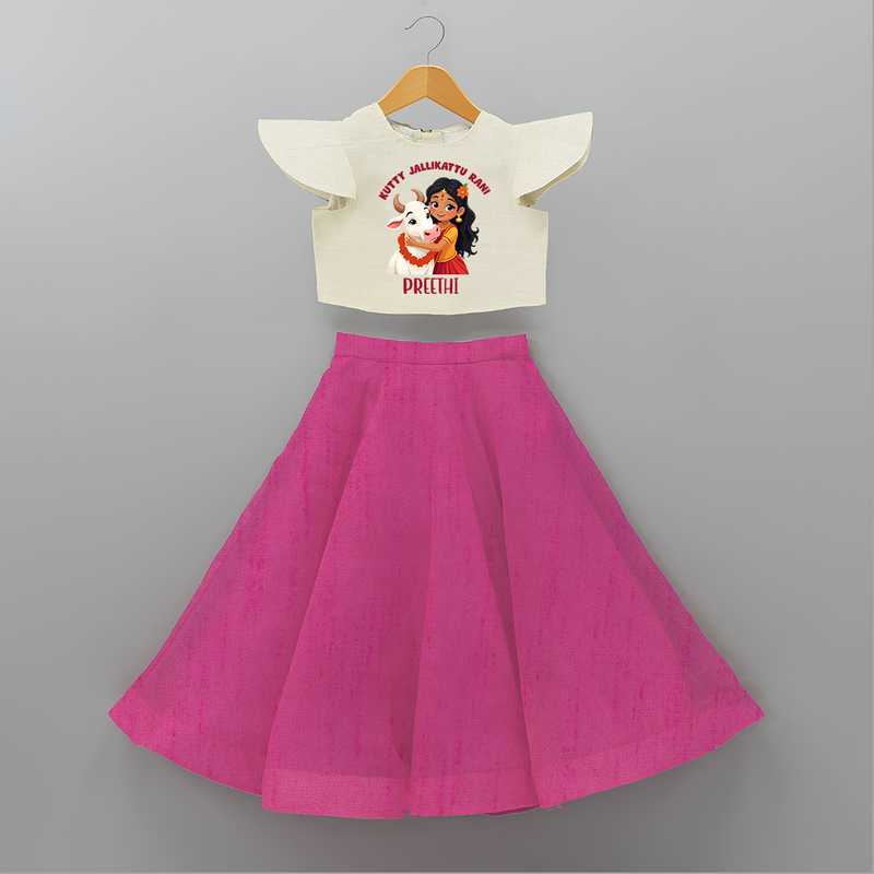 "Kutty Jallikattu Rani - Jallikattu Themed Customized Crop Top And Skirt for Kids with Name" - FUSCHIA - 6 - 9 Months Old (Chest 20" , Frock Waist 20")