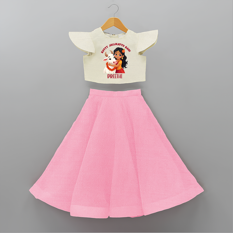 "Kutty Jallikattu Rani - Jallikattu Themed Customized Crop Top And Skirt for Kids with Name" - PINK - 6 - 9 Months Old (Chest 20" , Frock Waist 20")