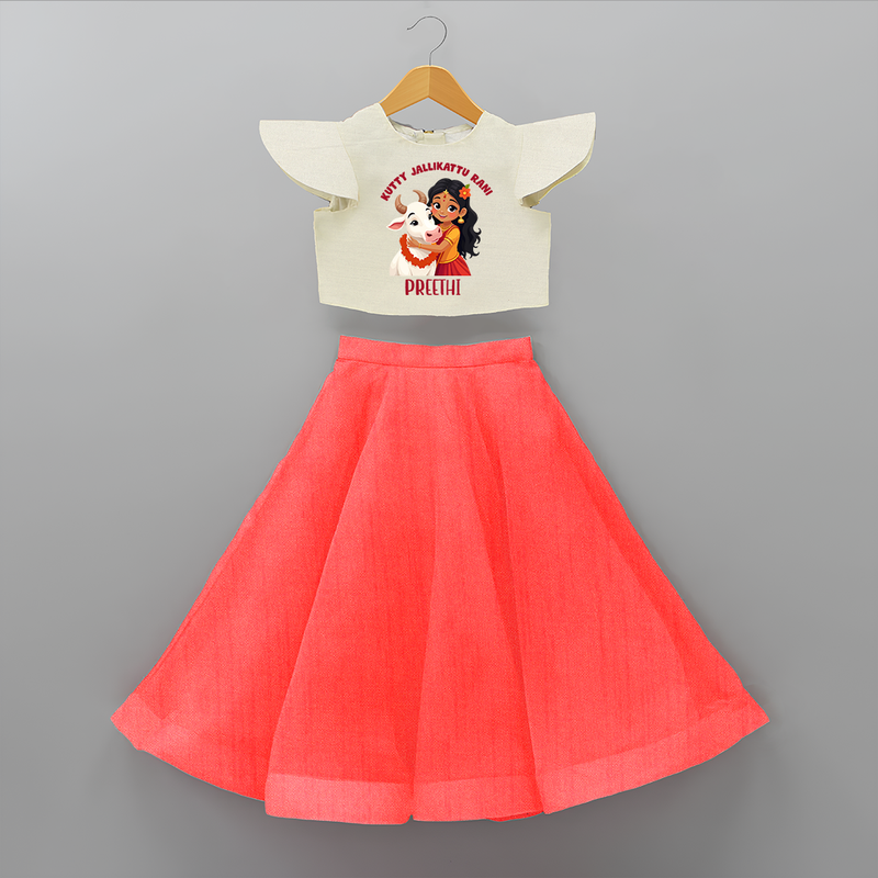 "Kutty Jallikattu Rani - Jallikattu Themed Customized Crop Top And Skirt for Kids with Name" - RED - 6 - 9 Months Old (Chest 20" , Frock Waist 20")