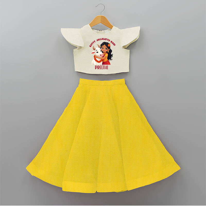 "Kutty Jallikattu Rani - Jallikattu Themed Customized Crop Top And Skirt for Kids with Name" - YELLOW - 6 - 9 Months Old (Chest 20" , Frock Waist 20")