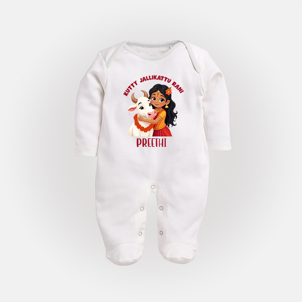 "Kutty Jallikattu Rani - Jallikattu Themed Customized Sleep Suit for Babies with Name" - WHITE - New Born (Chest 7.5")