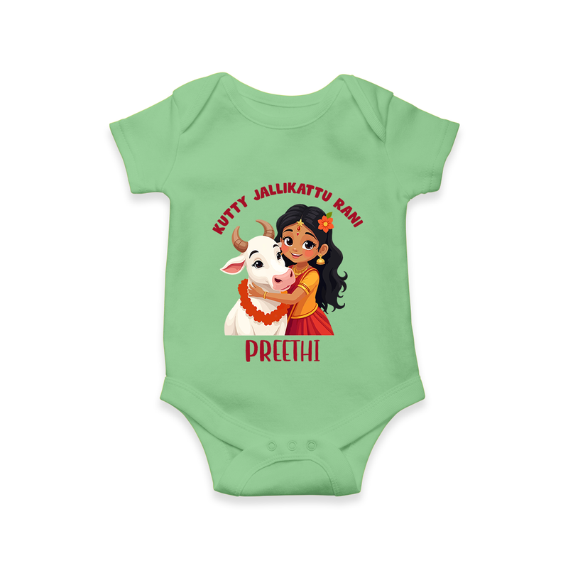 "Kutty Jallikattu Rani - Jallikattu Themed Customized Romper for Babies with Name" - GREEN - 0 - 3 Months Old (Chest 16")