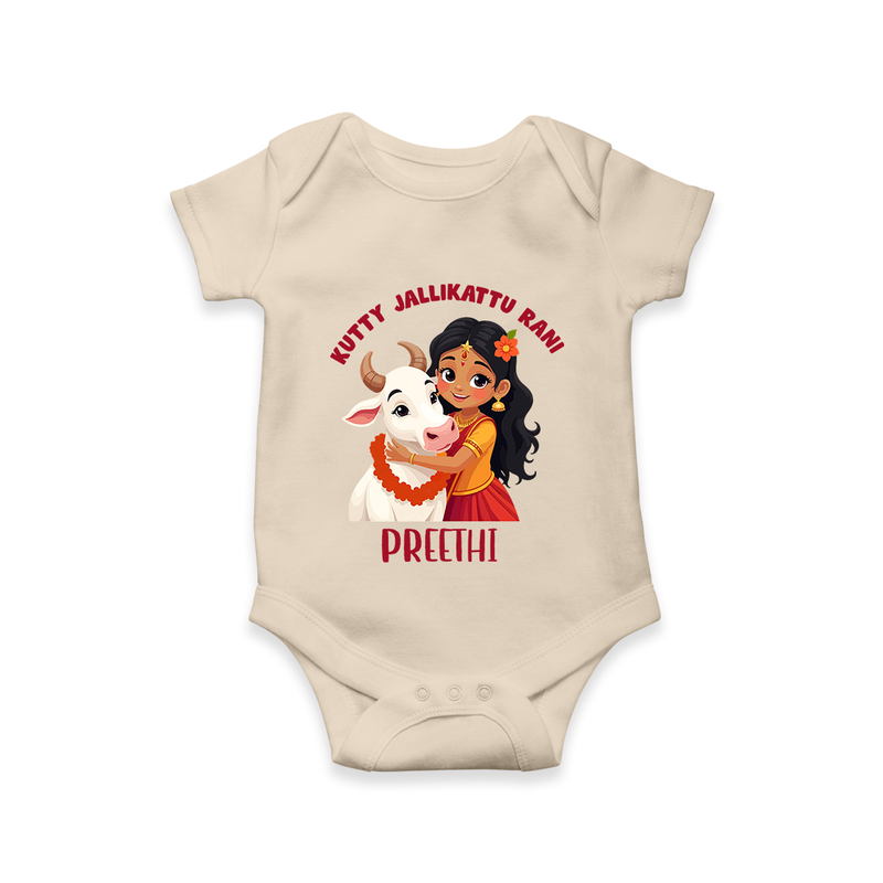 "Kutty Jallikattu Rani - Jallikattu Themed Customized Romper for Babies with Name" - IVORY - 0 - 3 Months Old (Chest 16")