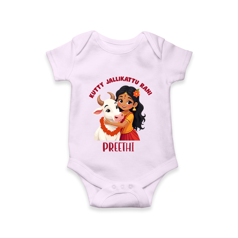 "Kutty Jallikattu Rani - Jallikattu Themed Customized Romper for Babies with Name" - LILAC - 0 - 3 Months Old (Chest 16")