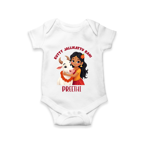 "Kutty Jallikattu Rani - Jallikattu Themed Customized Romper for Babies with Name" - WHITE - 0 - 3 Months Old (Chest 16")