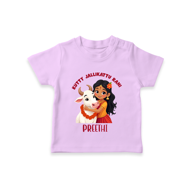 "Kutty Jallikattu Rani - Jallikattu Themed Customized T-Shirt for Babies with Name" - LILAC - 0-5 Months Old (Chest 17")