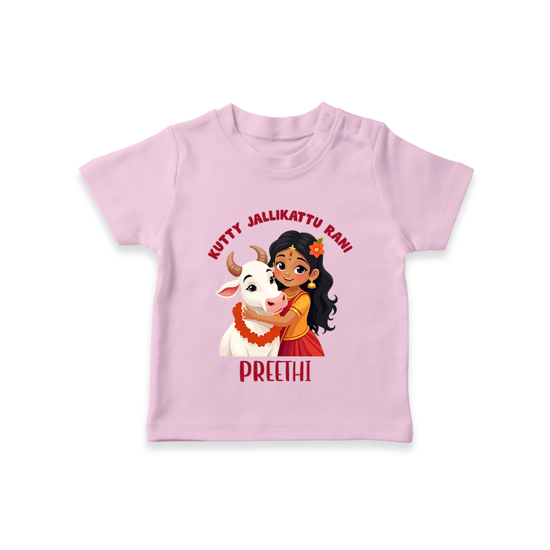 "Kutty Jallikattu Rani - Jallikattu Themed Customized T-Shirt for Babies with Name" - PINK - 0-5 Months Old (Chest 17")