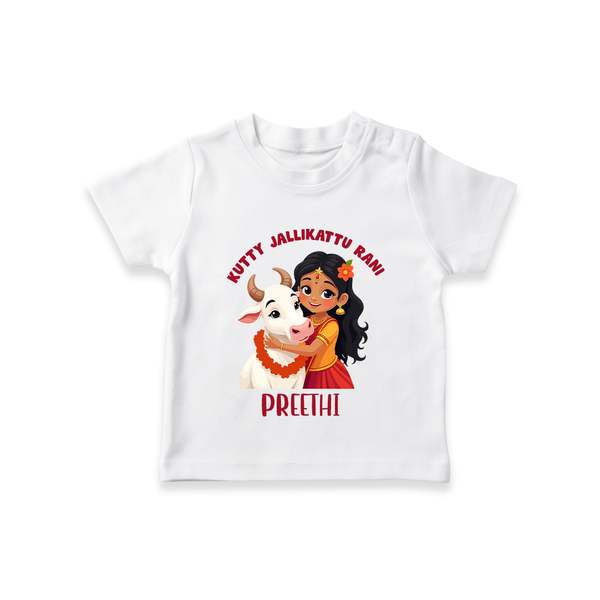 "Kutty Jallikattu Rani - Jallikattu Themed Customized T-Shirt for Babies with Name" - WHITE - 0-5 Months Old (Chest 17")