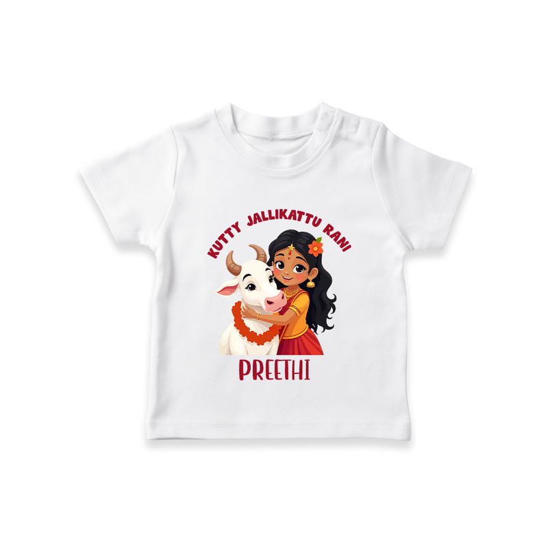 "Kutty Jallikattu Rani - Jallikattu Themed Customized T-Shirt for Babies with Name" - WHITE - 0-5 Months Old (Chest 17")