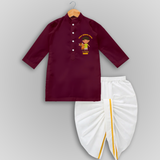 "Future Jallikattu Veeran in Training - Jallikattu Themed Customized Drapped Dhoti for Kids with Name" - MAROON - 0 - 6 Month Old (Chest 24", Kurta Length 14" , Waist 19", Dhoti Length 14")