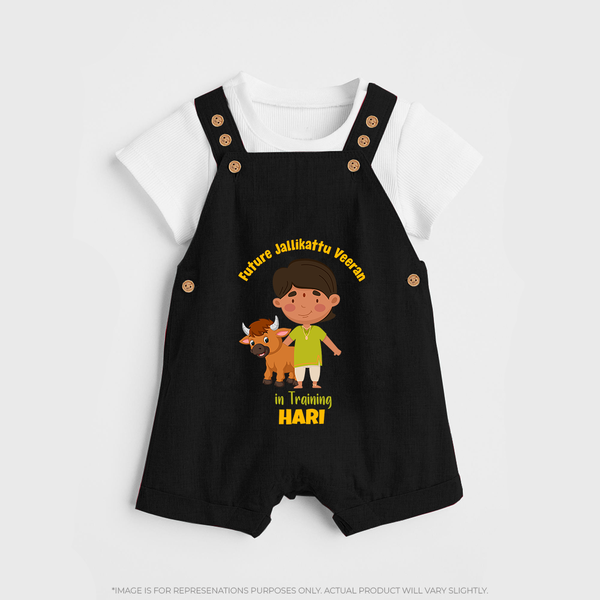 "Future Jallikattu Veeran in Training - Jallikattu Themed Customized Dungaree Set for Kids with Name" - BLACK - 0 - 5 Months Old (Chest 18")