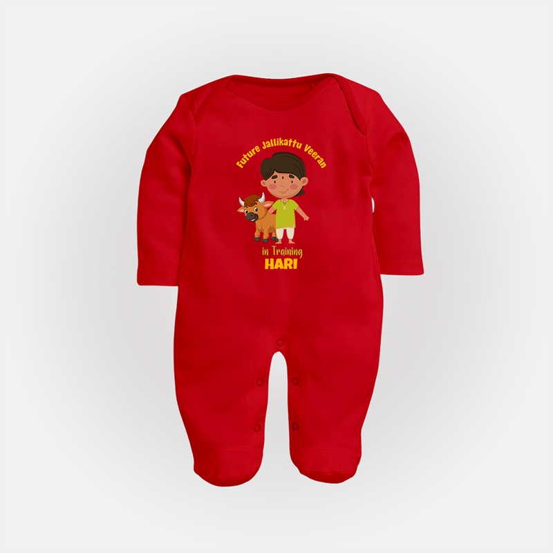 "Future Jallikattu Veeran in Training - Jallikattu Themed Customized Sleep Suit for Babies with Name" - RED - New Born (Chest 7.5")