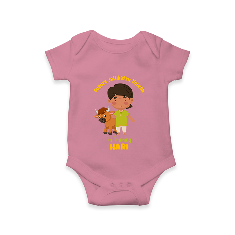 "Future Jallikattu Veeran in Training - Jallikattu Themed Customized Romper for Babies with Name" - ONION - 0 - 3 Months Old (Chest 16")