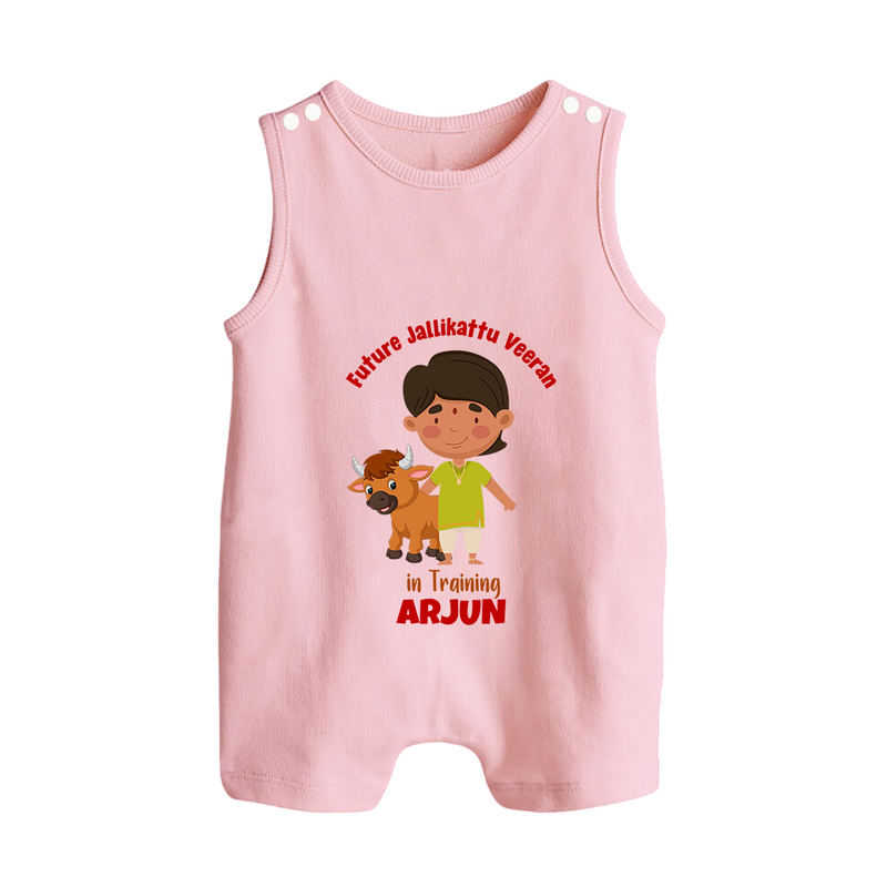 "Future Jallikattu Veeran in Training - Jallikattu Themed Customized Romper Suit for Babies with Name" - BABY PINK - 0 - 5 Months Old (Chest 18")