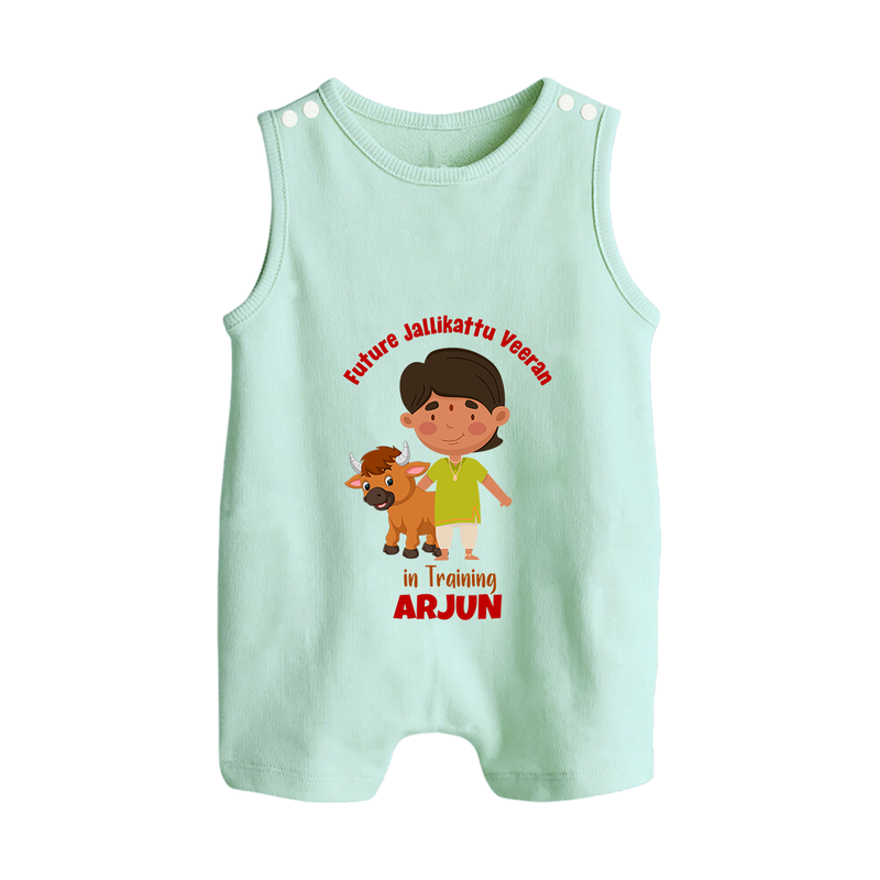 "Future Jallikattu Veeran in Training - Jallikattu Themed Customized Romper Suit for Babies with Name" - MINT GREEN - 0 - 5 Months Old (Chest 18")