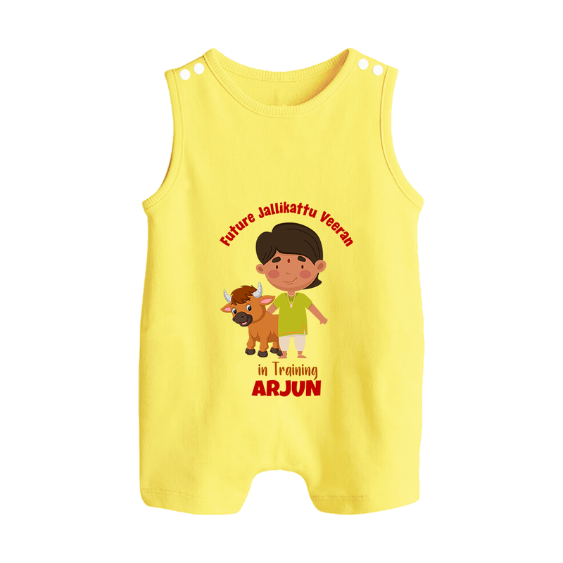 "Future Jallikattu Veeran in Training - Jallikattu Themed Customized Romper Suit for Babies with Name" - PASTEL YELLOW - 0 - 5 Months Old (Chest 18")