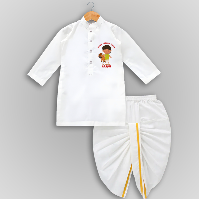 "Future Jallikattu Veeran in Training - Jallikattu Themed Customized Drapped Dhoti for Kids with Name" - WHITE - 0 - 6 Month Old (Chest 24", Kurta Length 14" , Waist 19", Dhoti Length 14")