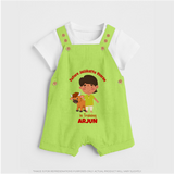 "Future Jallikattu Veeran in Training - Jallikattu Themed Customized Dungaree Set for Kids with Name" - GREEN - 0 - 5 Months Old (Chest 18")