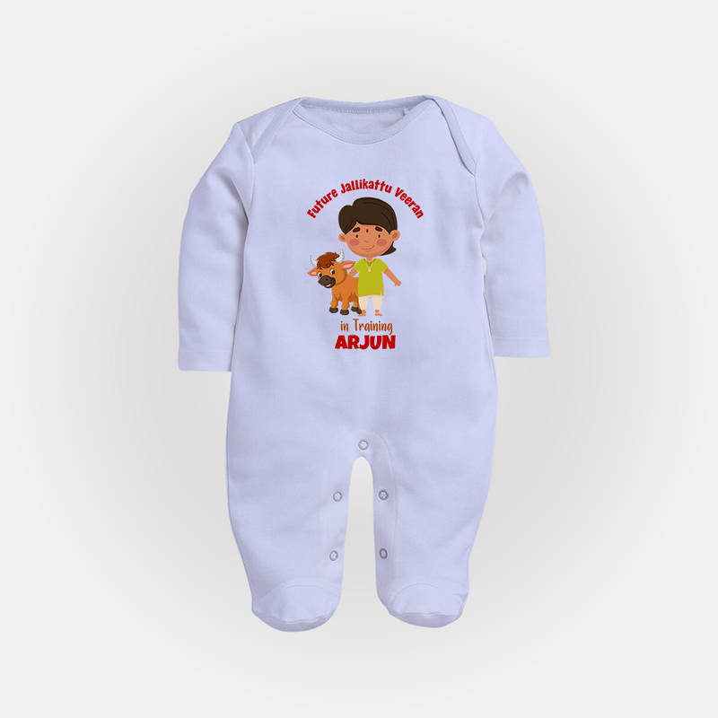 "Future Jallikattu Veeran in Training - Jallikattu Themed Customized Sleep Suit for Babies with Name" - BABY BLUE - New Born (Chest 7.5")