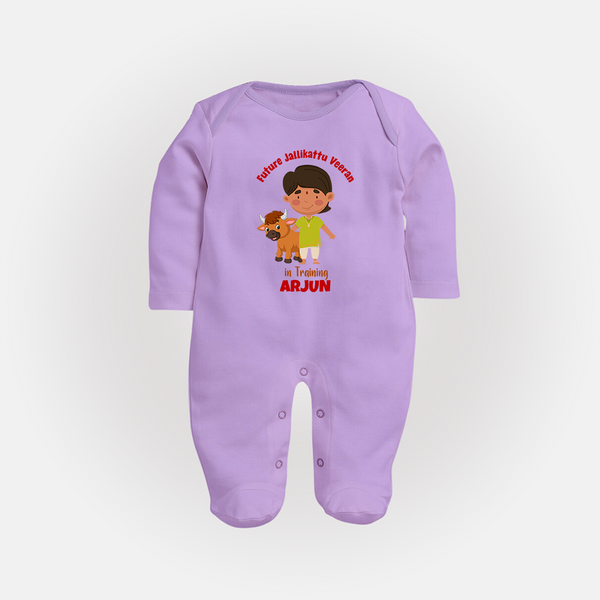 "Future Jallikattu Veeran in Training - Jallikattu Themed Customized Sleep Suit for Babies with Name" - LILAC - New Born (Chest 7.5")