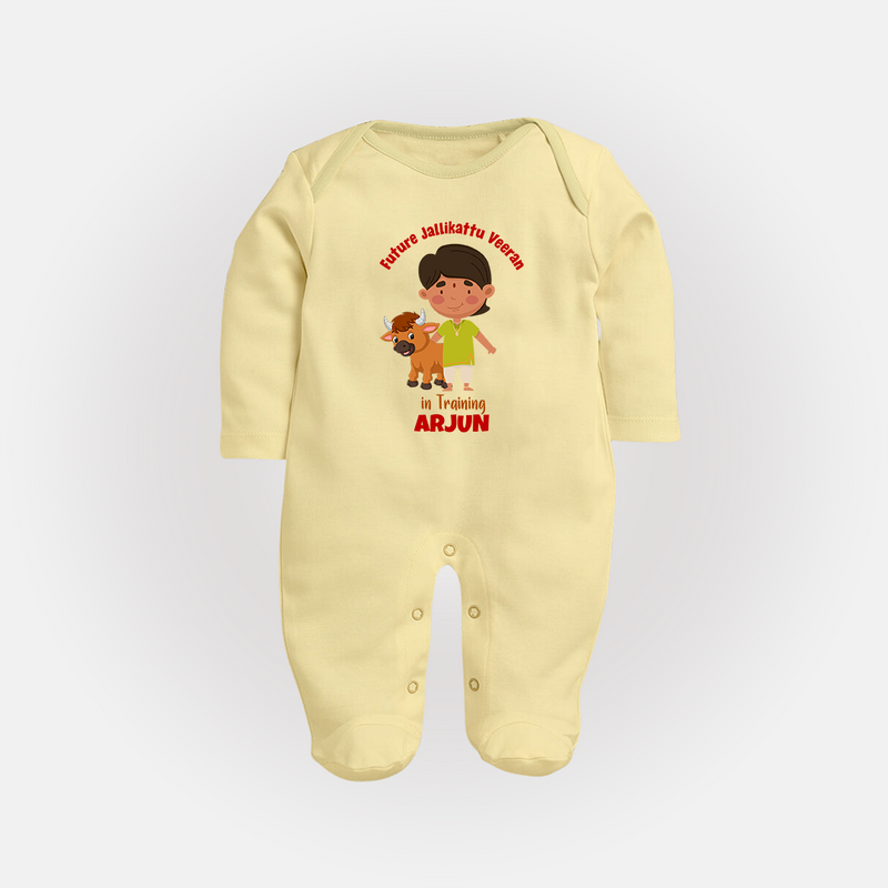 "Future Jallikattu Veeran in Training - Jallikattu Themed Customized Sleep Suit for Babies with Name" - PASTEL YELLOW - New Born (Chest 7.5")