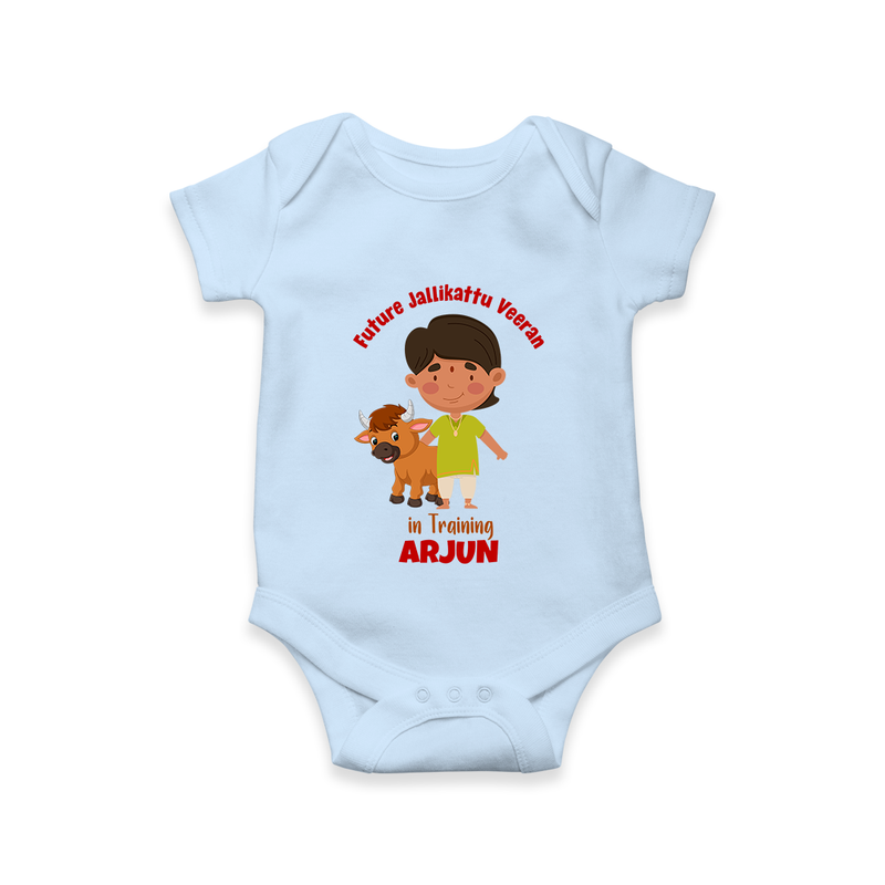 "Future Jallikattu Veeran in Training - Jallikattu Themed Customized Romper for Babies with Name" - BABY BLUE - 0 - 3 Months Old (Chest 16")