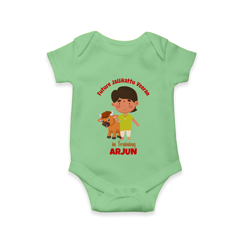 "Future Jallikattu Veeran in Training - Jallikattu Themed Customized Romper for Babies with Name" - GREEN - 0 - 3 Months Old (Chest 16")