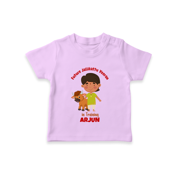 "Future Jallikattu Veeran in Training - Jallikattu Themed Customized T-Shirt for Babies with Name" - LILAC - 0-5 Months Old (Chest 17")