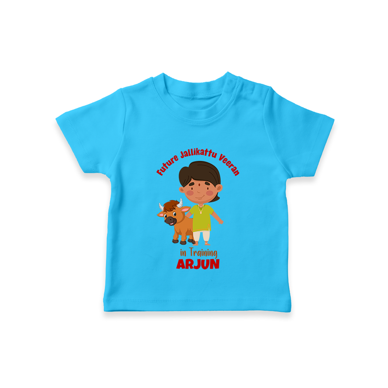 "Future Jallikattu Veeran in Training - Jallikattu Themed Customized T-Shirt for Babies with Name" - SKY BLUE - 0-5 Months Old (Chest 17")