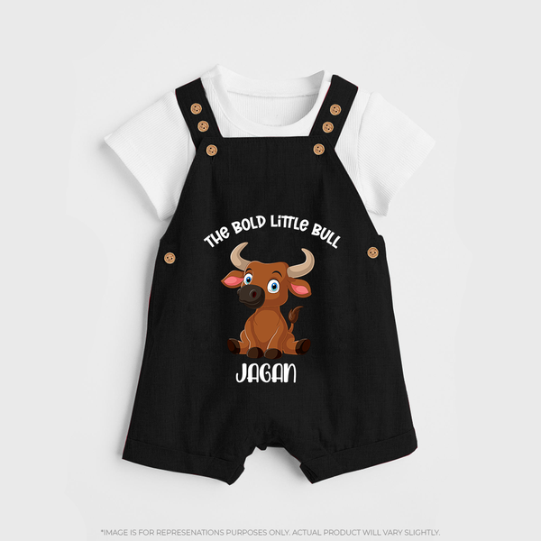 "The Bold Little Bull - Jallikattu Themed Customized Dungaree Set for Kids with Name" - BLACK - 0 - 5 Months Old (Chest 18")