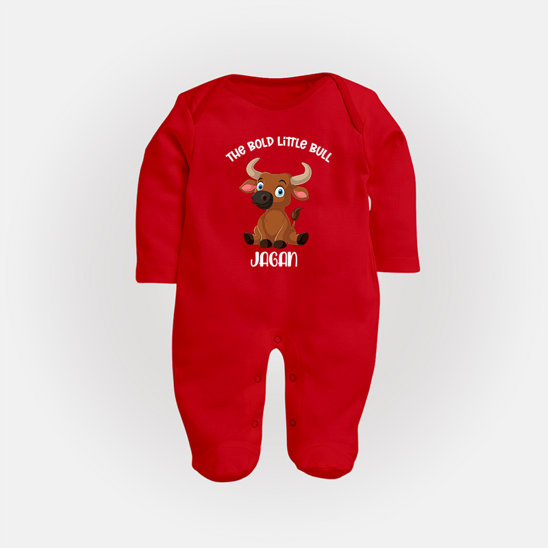 "The Bold Little Bull - Jallikattu Themed Customized Sleep Suit for Babies with Name" - RED - New Born (Chest 7.5")