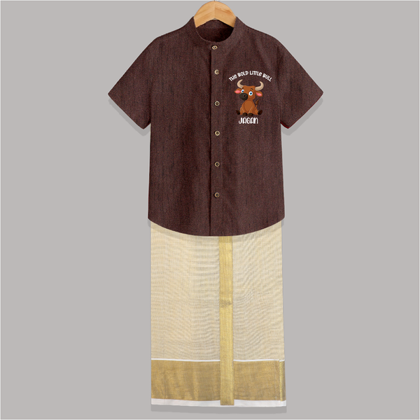 "The Bold Little Bull - Jallikattu Themed Customized Shirt And Dhoti for Kids with Name" - COFFEE BROWN - 0 - 6 Months Old (Chest-23") (Dhoti length-14")