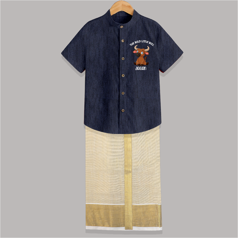 "The Bold Little Bull - Jallikattu Themed Customized Shirt And Dhoti for Kids with Name" - DARK BLUE - 0 - 6 Months Old (Chest-23") (Dhoti length-14")