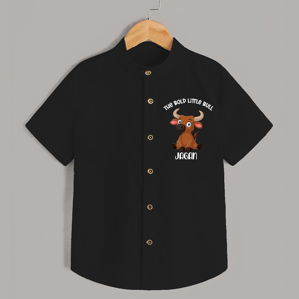 "The Bold Little Bull - Jallikattu Themed Customized Shirt for Kids with Name" - BLACK - 0 - 6 Months Old (Chest 23")