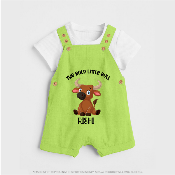 "The Bold Little Bull - Jallikattu Themed Customized Dungaree Set for Kids with Name" - GREEN - 0 - 5 Months Old (Chest 18")