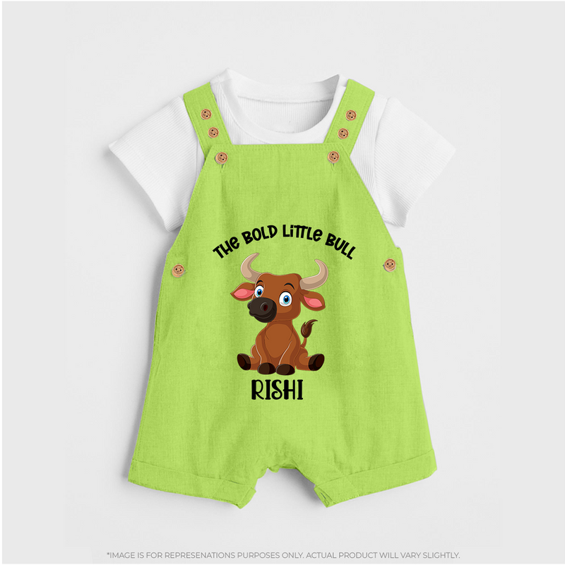 "The Bold Little Bull - Jallikattu Themed Customized Dungaree Set for Kids with Name" - GREEN - 0 - 5 Months Old (Chest 18")