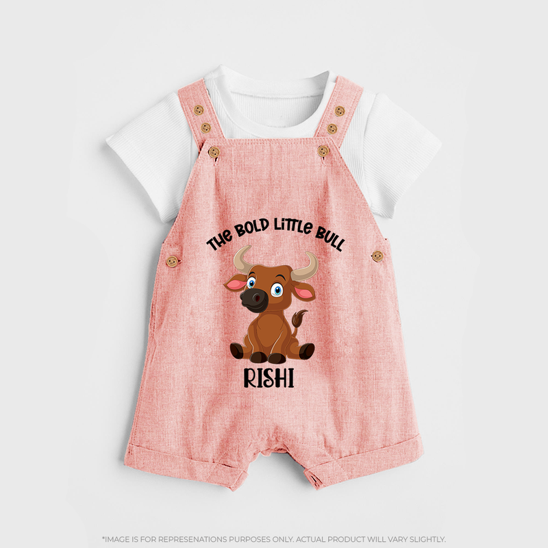 "The Bold Little Bull - Jallikattu Themed Customized Dungaree Set for Kids with Name" - PEACH - 0 - 5 Months Old (Chest 18")