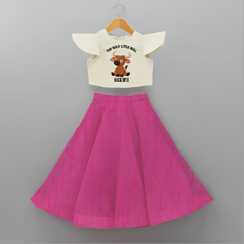 "The Bold Little Bull - Jallikattu Themed Customized Crop Top And Skirt for Kids with Name" - FUSCHIA - 6 - 9 Months Old (Chest 20" , Frock Waist 20")