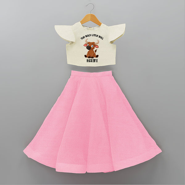 "The Bold Little Bull - Jallikattu Themed Customized Crop Top And Skirt for Kids with Name" - PINK - 6 - 9 Months Old (Chest 20" , Frock Waist 20")